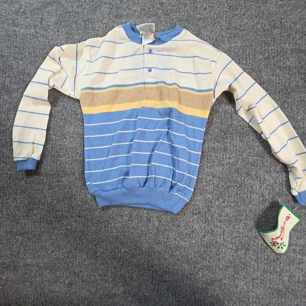 Vintage Cranberry Square Sweater Kids 7 Blue Stripe Henley Knit Lightweight USA